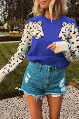 Women’s Casual Leopard Print Knitted Pullover Sweaters Long Sleeve Crew Neck Jumper Tops