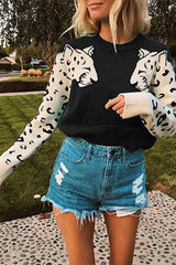 Women’s Casual Leopard Print Knitted Pullover Sweaters Long Sleeve Crew Neck Jumper Tops